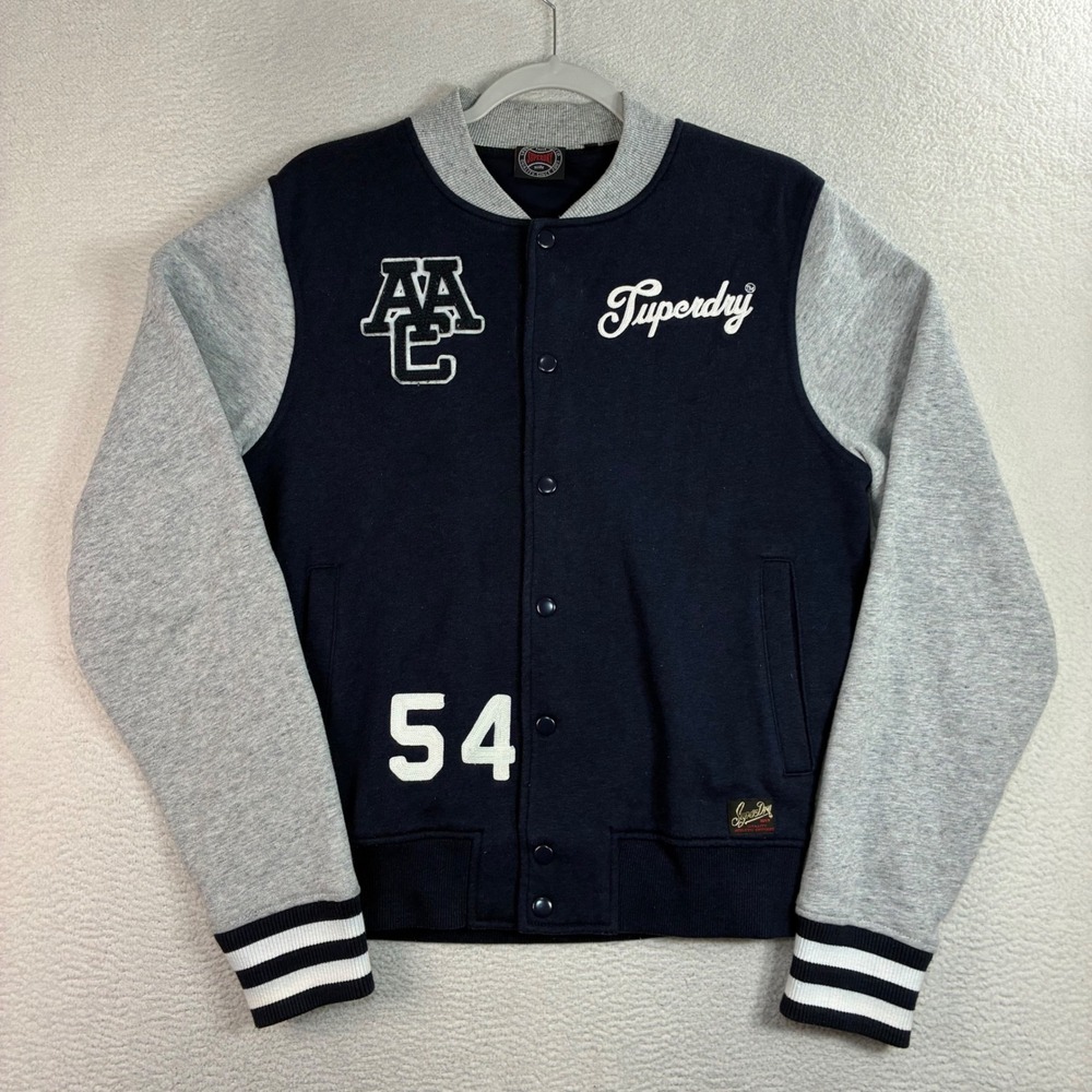 Superdry Varsity Jacket Men S Blue Gray Fleece Bomber Letterman Collegiate Snap